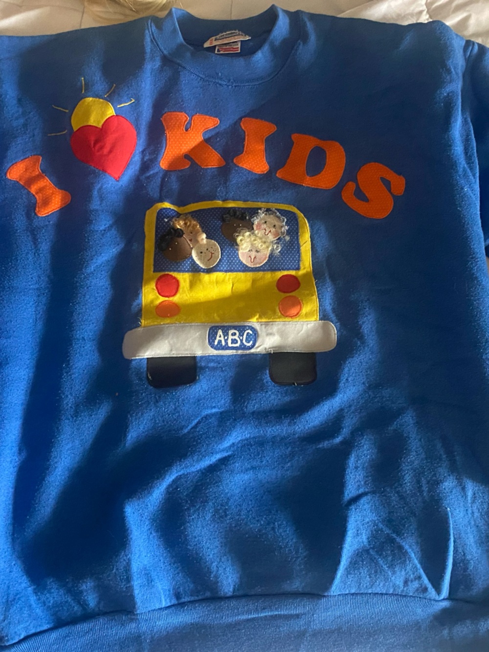 Fruit of the Loom Royal Blue Kids Appliqué Sweatshirt with Yellow Bus